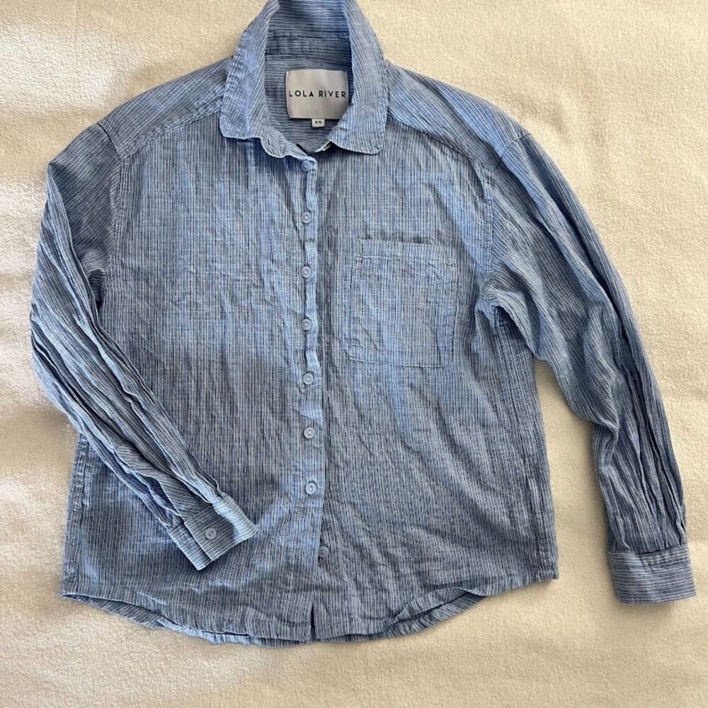 Lola River Button Down Shirt Blue Stripes 100% Cotton, Size XS